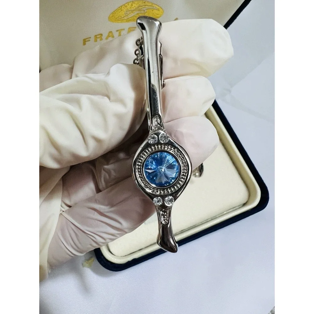 Vintage Fratello Cufflinks & Tie Bar Set Silver Tone Blue Accent Classic Elegant